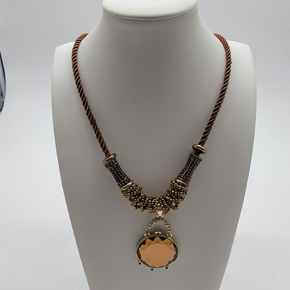 Vintage Style Necklace Pendant Drop Dangle Amber Colored‎ Gem Boho